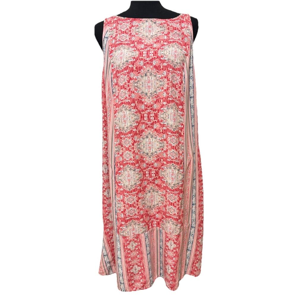 J Jill Medium Coral Red Medallion Print Sleeveless Swing Dress Pockets Rayon